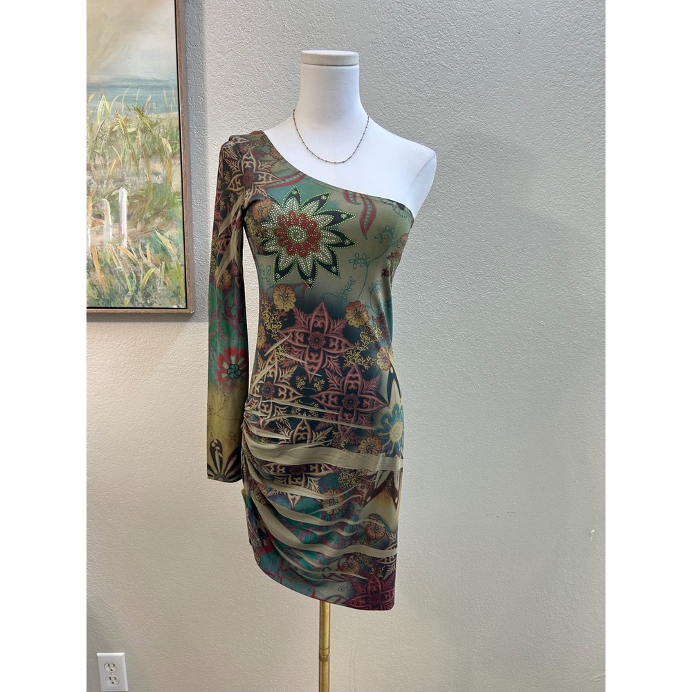 Y2K One Shoulder Mini Dress Mandala Rhinestone Ruched Green Multi